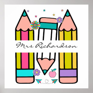 Affiche Dessin de dessin au crayon du nom de l'enseignant 