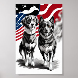Affiche Dessin de deux chiens patriotiques avec drapeau 