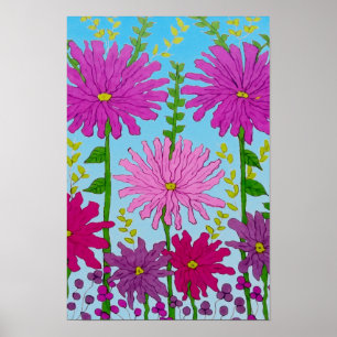 Affiche Dessin de fleur rose vif sur fond bleu