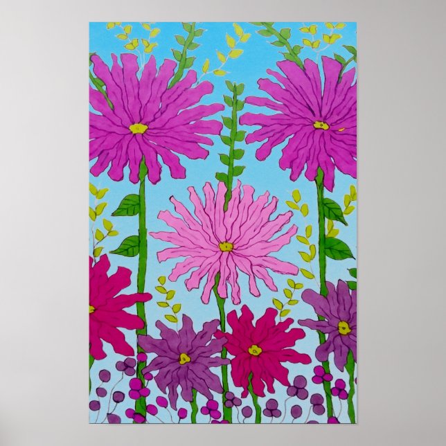 Affiche Dessin de fleur rose vif sur fond bleu (Devant)
