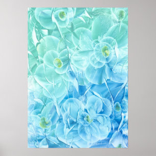 Affiche Dessin de fleurs bleu vert peint à la main