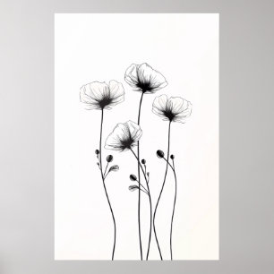 Affiche Dessin de fleurs minimalistes, en noir et blanc.