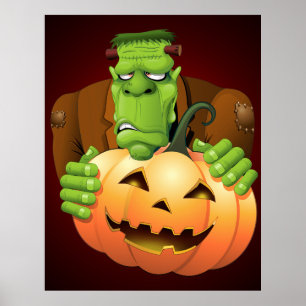 Affiche Dessin de Frankenstein Monster avec Citrouille