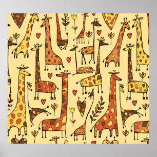 Affiche Dessin De Giraffe, Amusant Design Sans Fil.