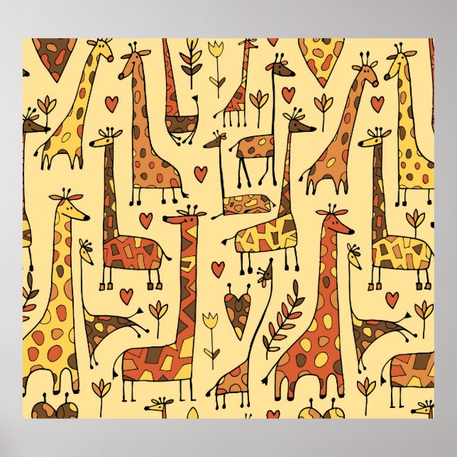 Affiche Dessin De Giraffe, Amusant Design Sans Fil. (Devant)