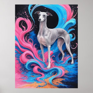 Affiche Dessin de Lévrier avec fond de couleur éclaboussé