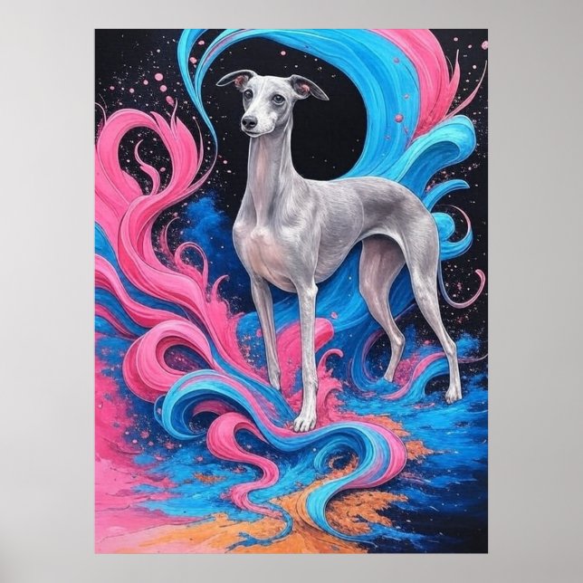 Affiche  Dessin de Lévrier avec fond de couleur éclaboussé (Devant)