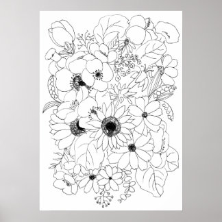 Affiche dessin de ligne d'arrangement de fleurs