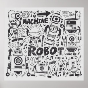 Affiche Dessin de l'illustrateur de robots à doodles