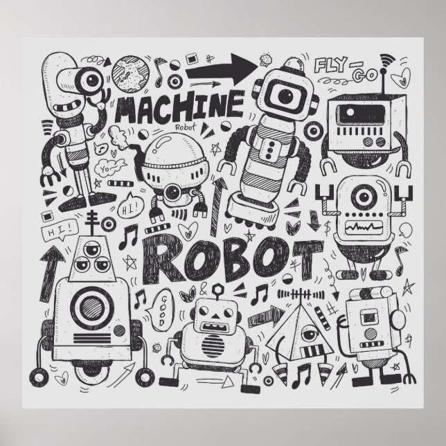 Affiche Dessin de l'illustrateur de robots à doodles (Devant)