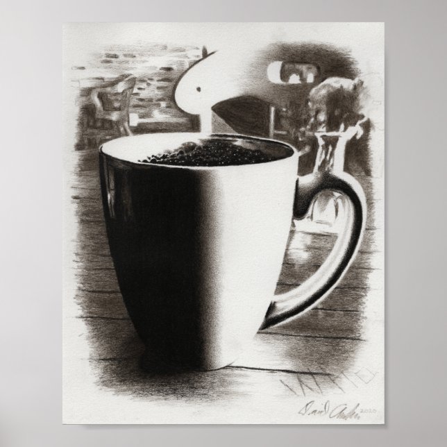 Affiche Dessin de Mug de café au charbon noir et blanc (Devant)