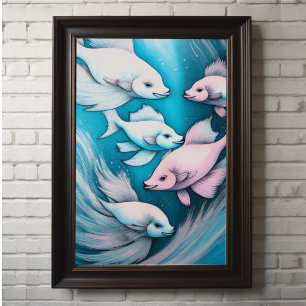 Affiche Dessin de poisson VII à la craie rose et bleue