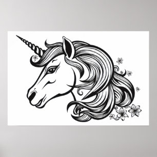 Affiche Dessin de tête de licorne mignon.