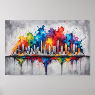Affiche Dessin d'encre à éclaboussure avec skyscraper