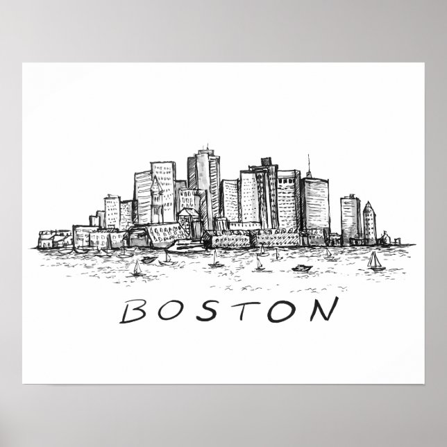 Affiche Dessin d'encre Cityscape de Boston (Devant)