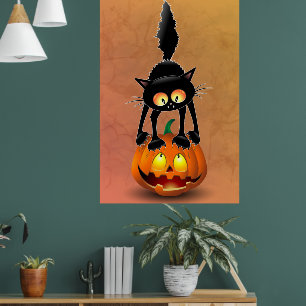Affiche Dessin d'Halloween au chat effrayé sur Citrouille