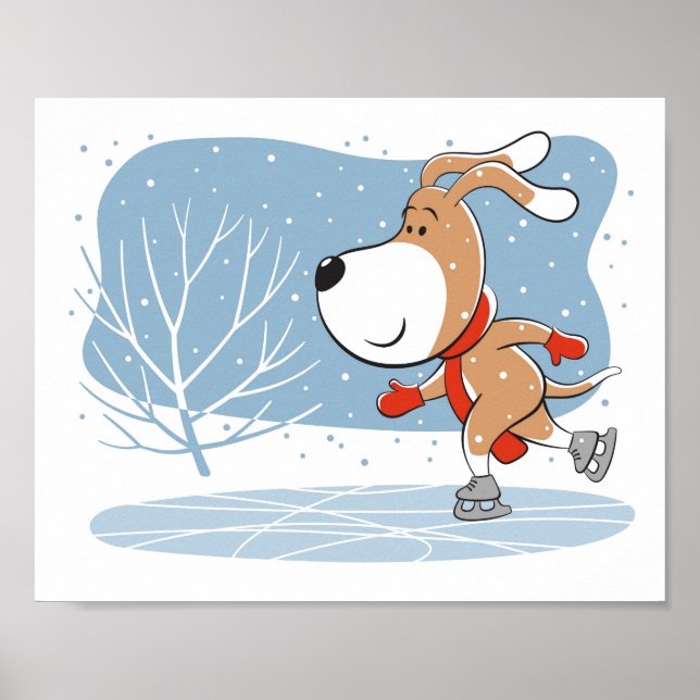 Affiche Dessin Drôle Chien Chien Chiot Patinage sur glace  (Devant)