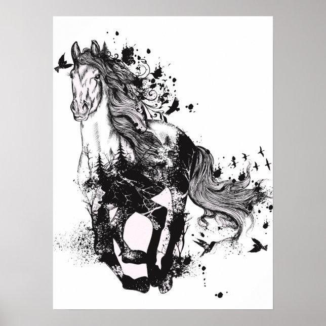 Affiche Dessin du cheval et nature Art Abstrait (Devant)