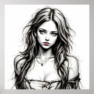 Affiche Dessin d'une jeune femme grunge. 