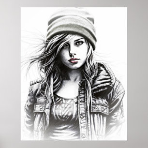 Affiche Dessin d'une jeune femme grunge