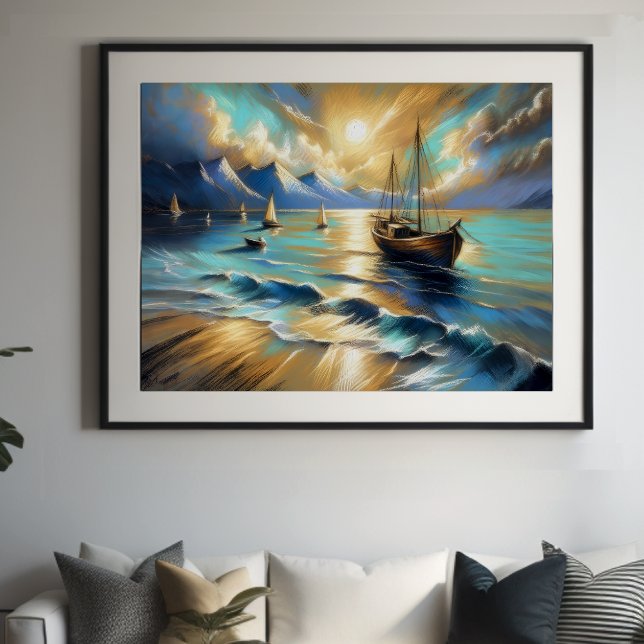 Affiche Dessin dur Pastel Bateaux Eau III (Créateur téléchargé)