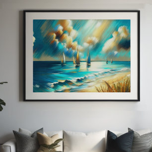 Affiche Dessin dur Pastel Bateaux Eau IV