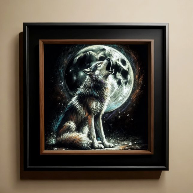 Affiche Dessin dur Pastel Wolf Howling Moon (Créateur téléchargé)