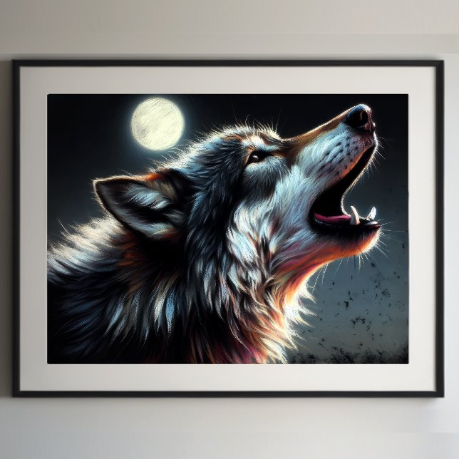 Affiche Dessin dur Pastel Wolf Howling Moon II (Créateur téléchargé)