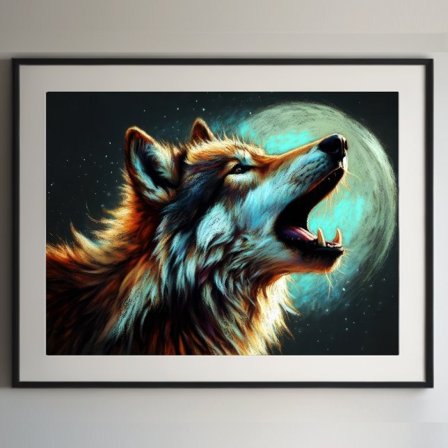 Affiche Dessin dur Pastel Wolf Howling Moon III (Créateur téléchargé)