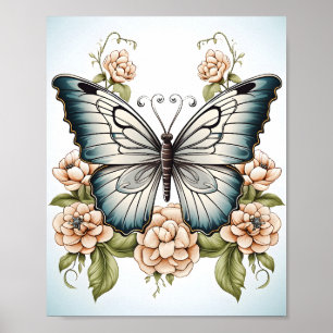 Affiche Dessin En Ligne Noire Et Blanche D'Un Papillon