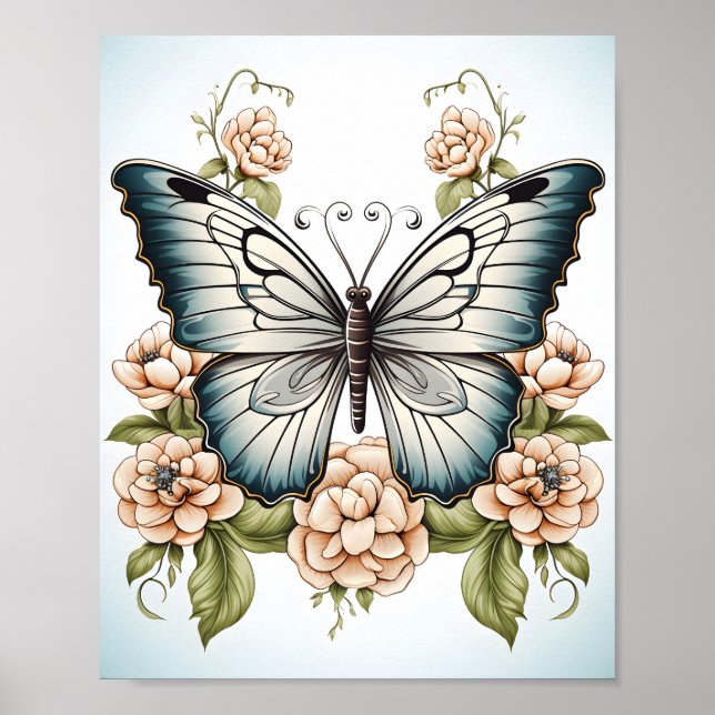 Affiche Dessin En Ligne Noire Et Blanche D'Un Papillon (Devant)