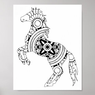 Affiche Dessin en mandala du cheval et silhouette blanche