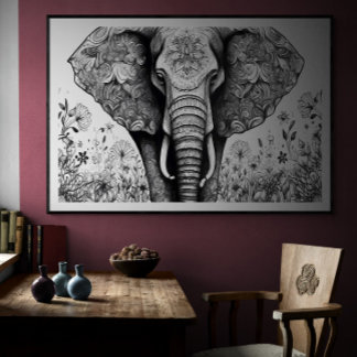 Affiche Dessin en noir et blanc Elephant | Ai