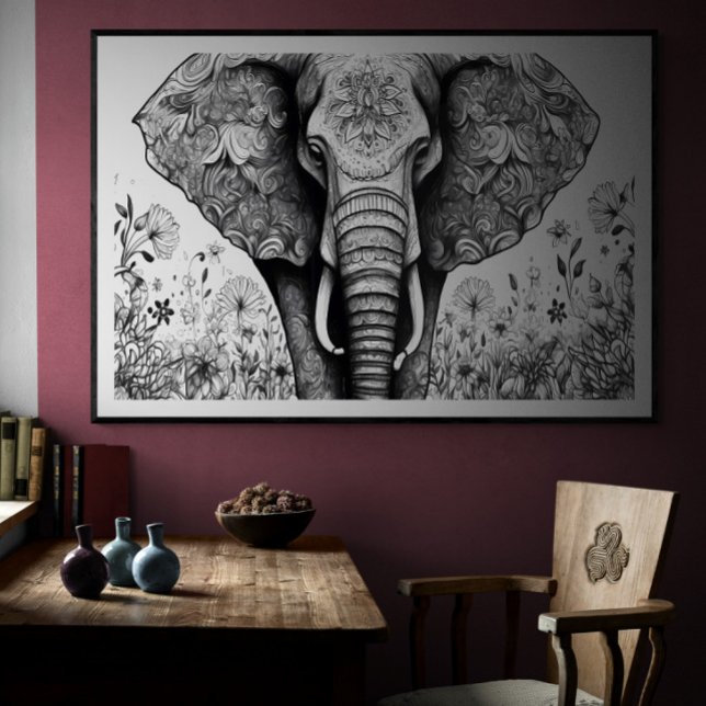 Affiche Dessin en noir et blanc Elephant | Ai (Créateur téléchargé)