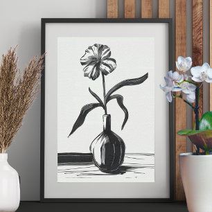 Affiche Dessin Fleur D'Encre Minimaliste En Noir