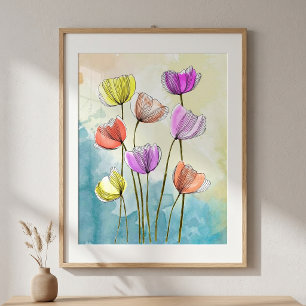 Affiche Dessin floral à la ligne fine aquarelle vibrant