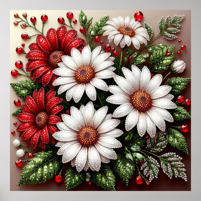 Affiche Dessin floral orné de gemmes complexes (Devant)