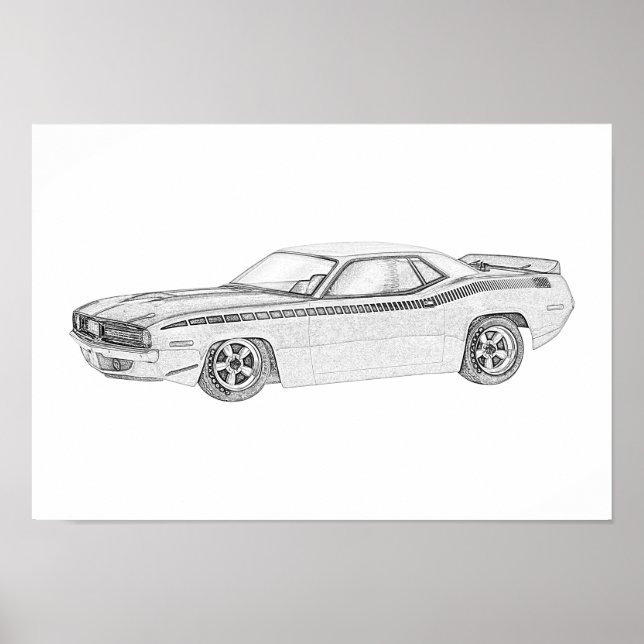 Affiche Dessin noir et blanc 1970 Plymouth Barracuda (Devant)
