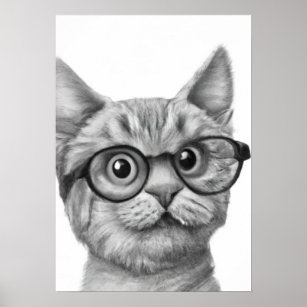 Affiche Dessin noir et blanc d'un chat portant des lunette