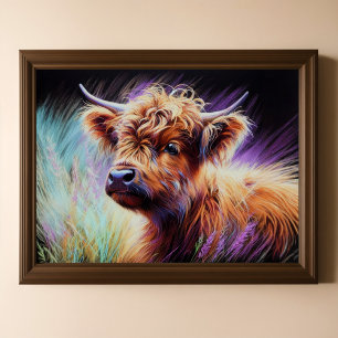 Affiche Dessin Pastel Baby Highland Vache Lavande