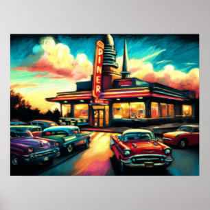 Affiche Dessin Pastel Diner Vintage et voitures