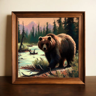 Affiche Dessin pastel du grizzli dans la nature
