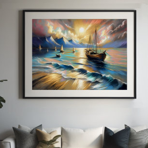 Affiche Dessin pastel dur bateaux eau