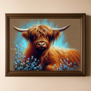 Affiche Dessin pastel Highland Cow Blue Flowers