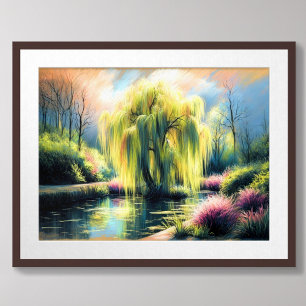 Affiche Dessin Pastel Jardin Étang Plein Arbre