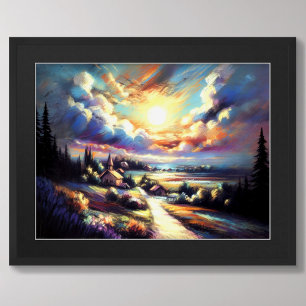 Affiche Dessin pastel paysage nocturne coloré