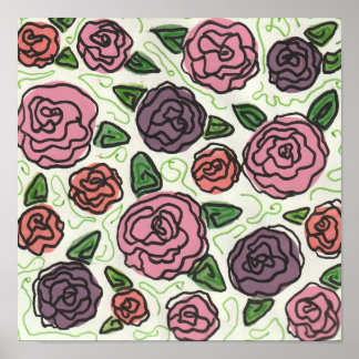 Affiche Dessin simple en ligne de Roses rouge et violet
