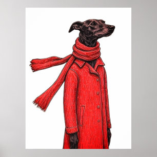 Affiche Dessin stylisé de Greyhound avec manteau vintage r