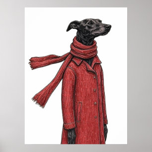 Affiche Dessin stylisé de Greyhound avec manteau vintage r