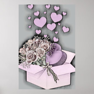 Affiche Dessin vintage de Coeurs et Roses roses dans la bo